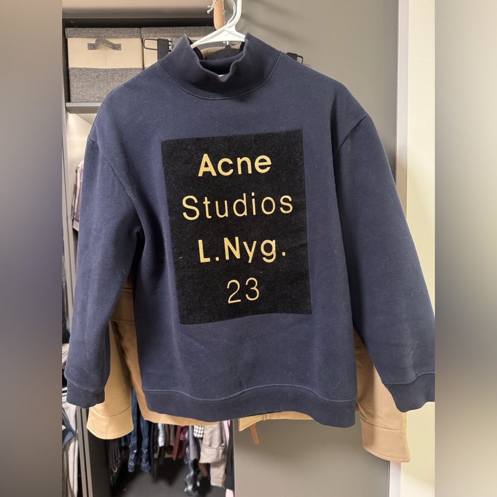 Acne Studios Navy Turtleneck Sweatshirt with Gold Logo